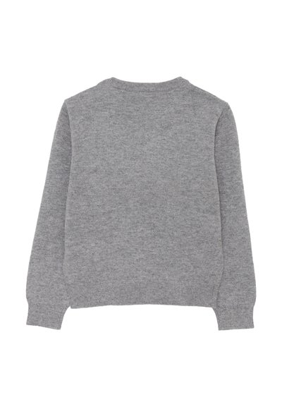 Maglione grigio lavorato a maglia con scollo rotondo, maniche lunghe e polsini a coste. Tessuto morbido con un motivo semplice e uniforme. Visuale posteriore mostrata.