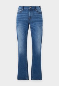 Jeans de ganga de perna larga em azul médio. Apresenta um design de cinco bolsos, detalhes cosidos, fecho de botão e textura ligeiramente desbotada nas pernas.