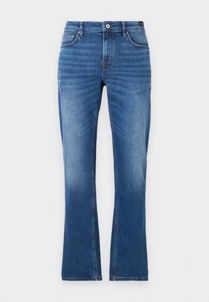Denim flared jeans in medium blue. Features five-pocket design, stitched accents, a button closure, and slightly faded texture on the legs.