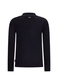 Schwarzes Langarmshirt mit gerippter Textur, klassischem Kragen und einem Logoetikett am Nacken hinten. Einfaches und tailliertes Design.