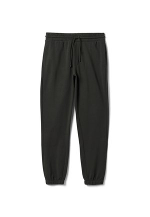 Pantaloni da jogging neri con vita elastica, coulisse, tasche laterali e polsini elasticizzati alle caviglie su sfondo bianco.