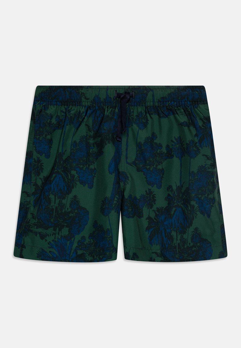 Zelene kupaće gaće s tamnoplavim tropskim uzorkom, elastičnim pojasom i vezicom. Lagani materijal s glatkom teksturom.