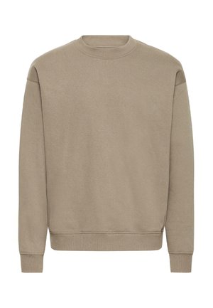 Bežasta majica s dugim rukavima i okruglim izrezom, ribane manžetne i rub. Mekana tekstura, minimalistički dizajn, pogodna za svakodnevno nošenje.