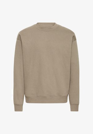 Beige hettegenser med rund hals, lange ermer, ribbede mansjetter og hem. Myk tekstur, minimalistisk design, egnet for avslappet bruk.
