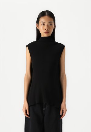 Black sleeveless top with a high neckline, made of smooth fabric. Features an asymmetric hem and minimalist design without embellishments.