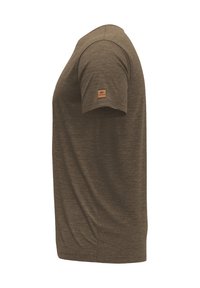 Bruine, korte mouw t-shirt gemaakt van een gestructureerde stof. Kenmerkt zich door een klein, rechthoekig merklabel dat op de mouw is gestikt.