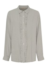 Ribbet langærmet skjorte i lys grå og hvid, med knaplukning, volang foran og en klassisk krave med manchet-kjoler.