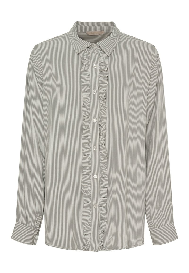 Ribbet langærmet skjorte i lys grå og hvid, med knaplukning, volang foran og en klassisk krave med manchet-kjoler.