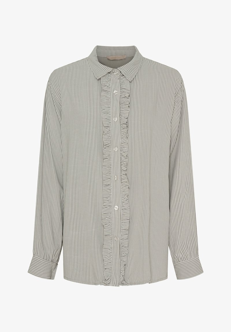 Ribbet langærmet skjorte i lys grå og hvid, med knaplukning, volang foran og en klassisk krave med manchet-kjoler.