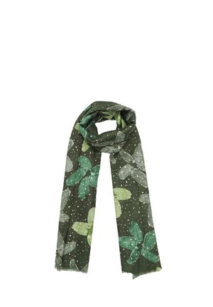 Sciarpa verde con motivo di foglie e pois bianchi. Realizzata in un materiale morbido, presenta bordi frangiati e un design leggero.