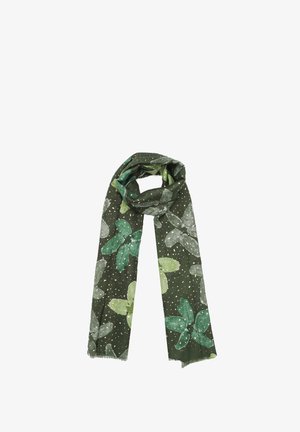 Sciarpa verde con motivo di foglie e pois bianchi. Realizzata in un materiale morbido, presenta bordi frangiati e un design leggero.
