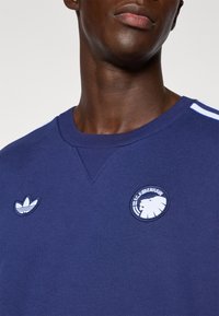 Tamsiai mėlynas sportinis džemperis su raukšlėta apykakle; turi siuvinėtą Adidas logotipą ir FC Kopenhagos emblemą ant krūtinės; ant rankovių yra trys baltos juostelės.