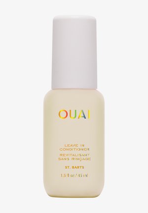 Petite bouteille beige de soin sans rinçage Ouai avec bouchon blanc, étiquetée St. Barts, 1,5 onces liquides ou 45 millilitres.