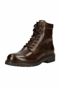 Bota ankle de cuero pulido marrón con puntera redonda, parte superior con cordones, ojales de metal y suela baja apilada.