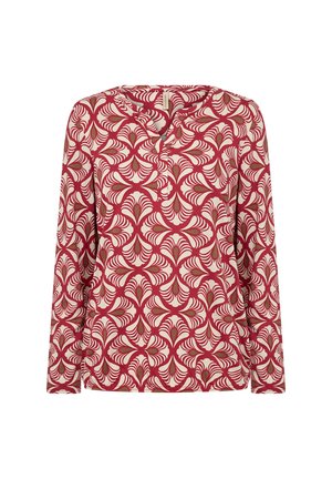 Langärmlige Bluse mit rotem und cremefarbenem Blumenmuster und grünen Akzenten. Hergestellt aus leichtem Stoff, mit rundem Ausschnitt und leicht geschwungenem Saum.