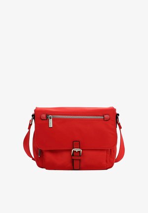 Punane nailonist postiljoni kott kaanega, esiküljel lukuga tasku, reguleeritava rihma ja pandla detailiga. Sile tekstuur ja hästi vormitud kuju.