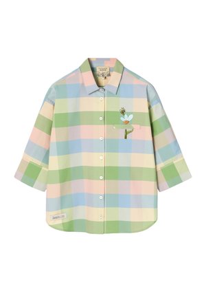 Marškiniai su mygtukais pastelinių spalvų languotu raštu žaliai, mėlynai, rausvai ir smėlio atspalviais, krūtinėje puošti mažyte siuvinėta bitute ir gėle.