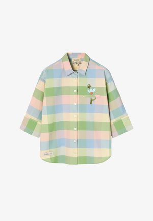 Gombos ing pasztellszínekben, zöld, kék, rózsaszín és bézs kockás mintával, a mellrészen kis hímzett méhecskével és virággal.