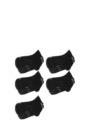 Schwarze Baumwollsocken gestapelt, mit einem Design in Knöchellänge. Jedes Paar hat Größenmarkierungen (43-46) und ein kleines Logo am Bündchen.