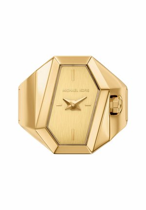 Gold-toned Michael Kors wristwatch with a geometric, multi-faceted octagonal case and minimalistic dial with gold hands and markers.