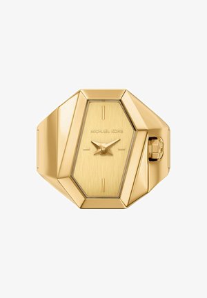 Montre-bracelet Michael Kors ton or avec un boîtier octogonal géométrique multifacette et un cadran minimaliste avec aiguilles et repères dorés.
