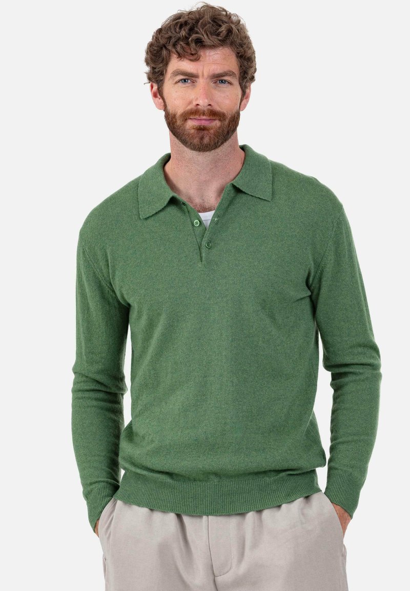 Pull-over en tricot vert avec col classique, manches longues et ourlet côtelé, doté d'une patte à deux boutons et d'une texture douce.