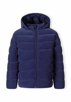 Veste d'hiver matelassée bleu marine avec capuche et fermeture éclair frontale, conçue pour la chaleur et un usage décontracté.
