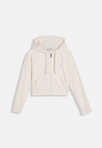 Hoodie corto color crema realizzato in tessuto morbido. Presenta una zip frontale, cappuccio regolabile con cordino e due tasche laterali. Logo visibile sul petto.