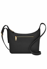 Sac bandoulière en cuir noir avec une poche zippée, des accents en matériel doré et une bandoulière réglable. Texture lisse avec une forme courbée.