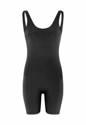 Black bodysuit with a scoop neckline and wide straps. Made of smooth, stretchy fabric, featuring a fitted design that extends to mid-thigh.