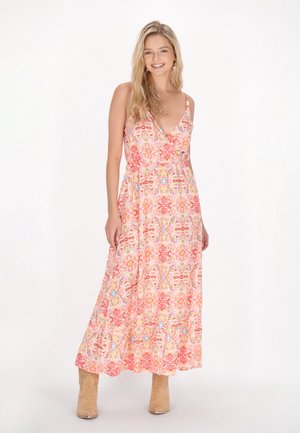Maxi-Kleid mit V-Ausschnitt und Spaghettiträgern, mit einem floralen Muster in Pink, Orange und Blau, aus leichtem Stoff gefertigt.