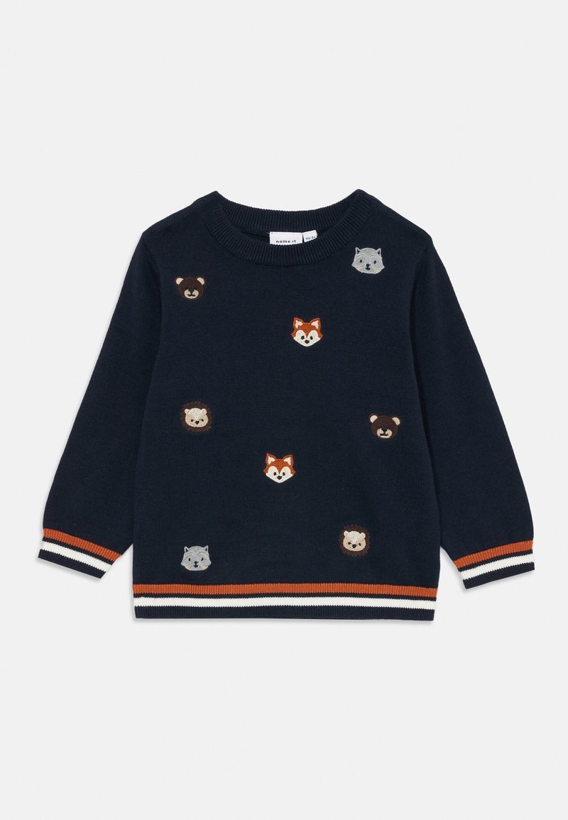 Pull bleu marine pour enfants avec visages d’animaux brodés et poignets et ourlet rayés en orange, blanc et bleu marine.