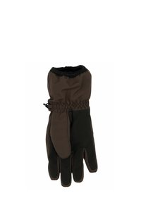 Brūnas izolētas cimdi ar teksturētu melnu palmu un regulējamu plaukstas aproci. Aprīkoti ar cimdiem līdzīgu īkšķi, lai palielinātu veiklību.