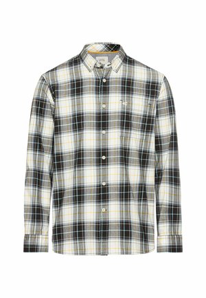 Geruite overhemd met zwart, wit, geel en lichtblauwe ruiten. Lange mouwen, button-down kraag en een borstzak. Katoenen materiaal.