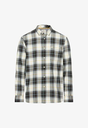 Geruite overhemd met zwart, wit, geel en lichtblauwe ruiten. Lange mouwen, button-down kraag en een borstzak. Katoenen materiaal.