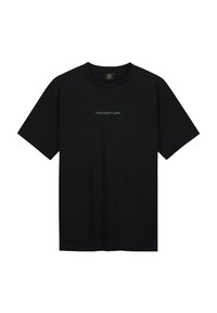 Zwart katoenen t-shirt met korte mouwen, ronde halslijn en een klein wit "TOMORROWLAND" logo in het midden van de borst.