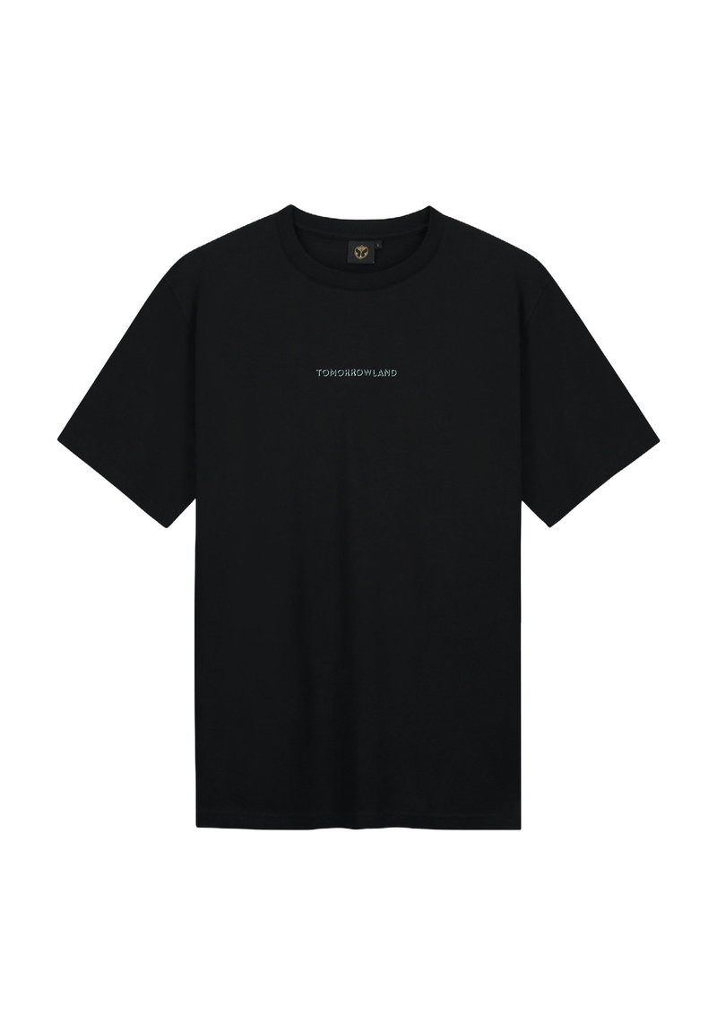 Zwart katoenen t-shirt met korte mouwen, ronde halslijn en een klein wit "TOMORROWLAND" logo in het midden van de borst.