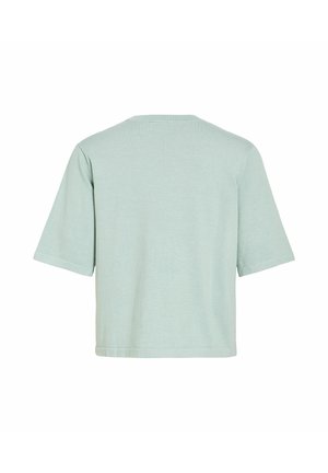 T-shirt vert pastel uni à manches courtes, vue de dos, avec un ourlet droit et un col rond.