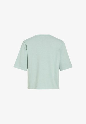 T-shirt vert pastel uni à manches courtes, vue de dos, avec un ourlet droit et un col rond.