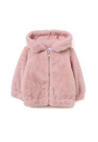 Chaqueta rosa de peluche sintético con cremallera y capucha, que presenta una textura suave, dobladillo redondeado y puños acanalados para mayor calidez y comodidad.