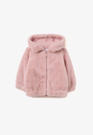 Roze nepbont jack met ritssluiting en capuchon, met een zachte textuur, afgeronde zoom en geribbelde manchetten voor warmte en comfort.