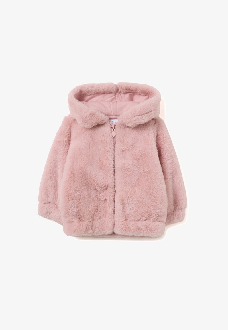 Chaqueta rosa de peluche sintético con cremallera y capucha, que presenta una textura suave, dobladillo redondeado y puños acanalados para mayor calidez y comodidad.