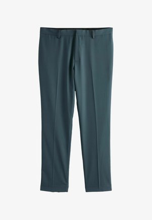 Donkerblauwe op maat gemaakte broeken met een gladde textuur, met voorplooien, een rechte pijp en een traditionele tailleband.