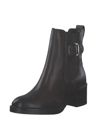 Bottine en cuir noir à bout pointu, avec panneau latéral en élastique et une boucle argentée décorative. Talon à bloc pour plus de stabilité.