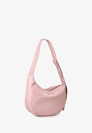 Weiche rosa Leder-Schultertasche mit einem verstellbaren Tragegurt und einem oberen Reißverschlussverschluss, runde Bodenform.