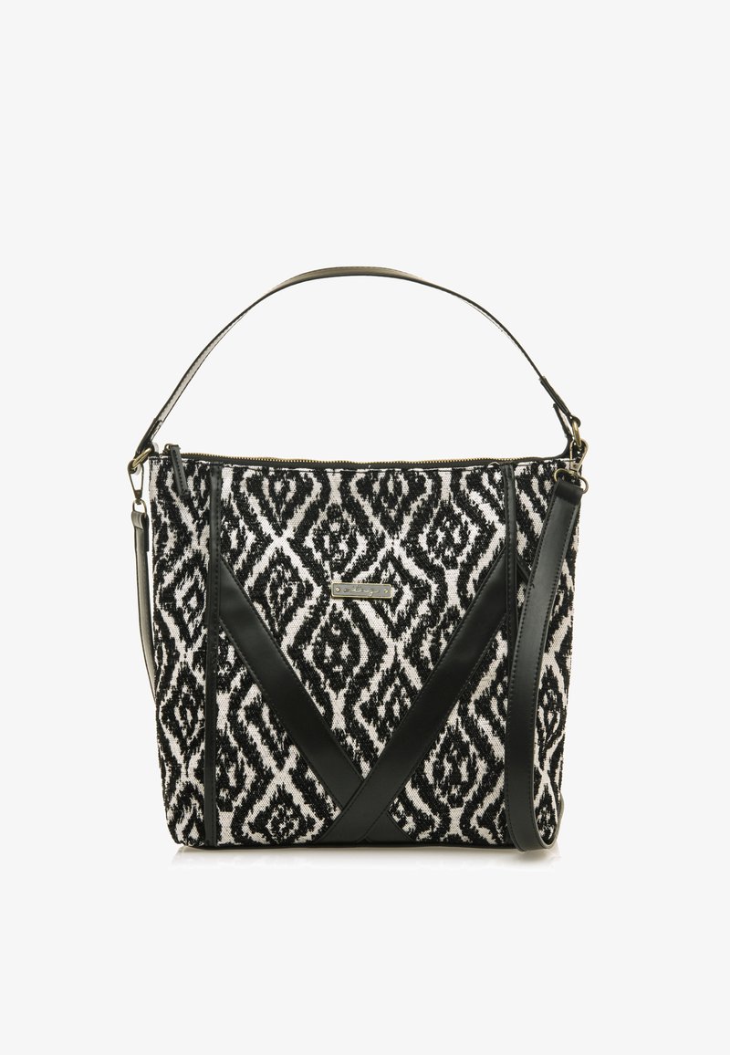 Borsa a mano in tessuto con motivo bianco e nero, dal design strutturato, caratterizzata da dettagli in pelle nera e una tracolla removibile.