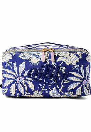 Bolsa rectangular azul con estampado floral, con dos tiradores de cremallera dorados y una pequeña asa superior.