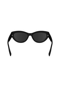 Black cat-eye sunglasses with dark lenses, matte texture, thin arms, and prominent hinges featuring a small accent detail.