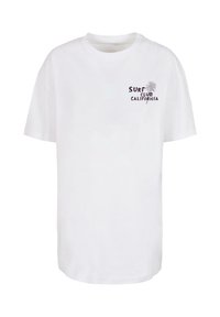Weißes Baumwoll-T-Shirt mit kurzen Ärmeln, Rundhalsausschnitt und bedrucktem Text "SURF CLUB CALIFORNIA" in Grau und Schwarz, mit einem Palmen-Symbol.