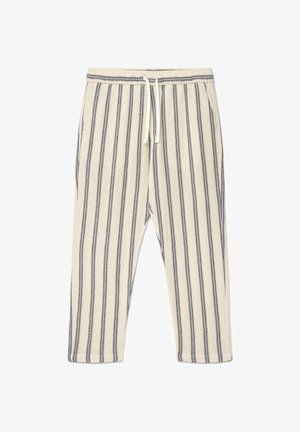 Pantaloni beige con righe verticali nere, vita elastica e coulisse bianca, progettati per un abbigliamento casual.